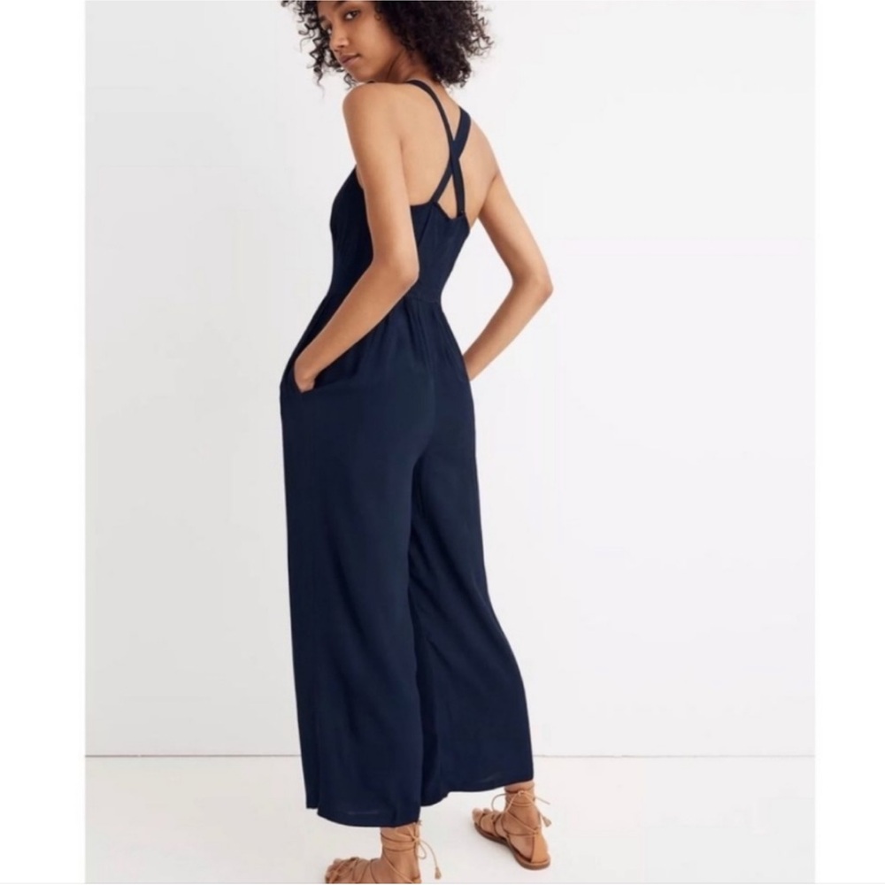 Madewell Navy Blue Smocked Button-Front Crop Jumpsuit - Picture 5 of 14